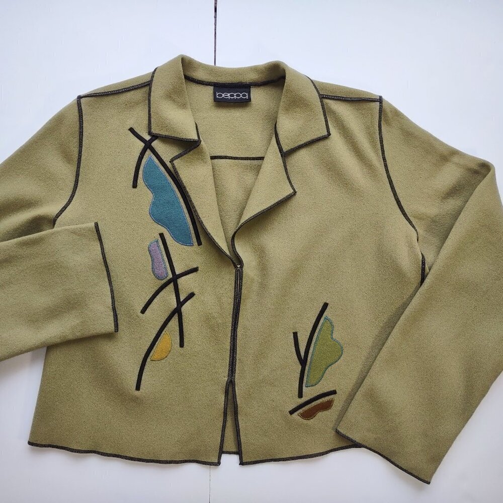 Vintage beppa Wool Jacket Olive Green Abstract Floral Boho Artsy Retro Small